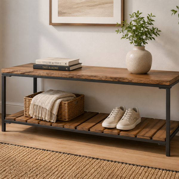 Gerbera 914127 Wood Accent Bench with Shelf - Natural and Gunmetal