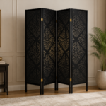 Haidera 901632 4-Panel Room Divider Folding Screen - Black Damask
