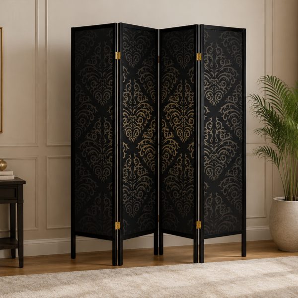 Haidera 901632 4-Panel Room Divider Folding Screen - Black Damask