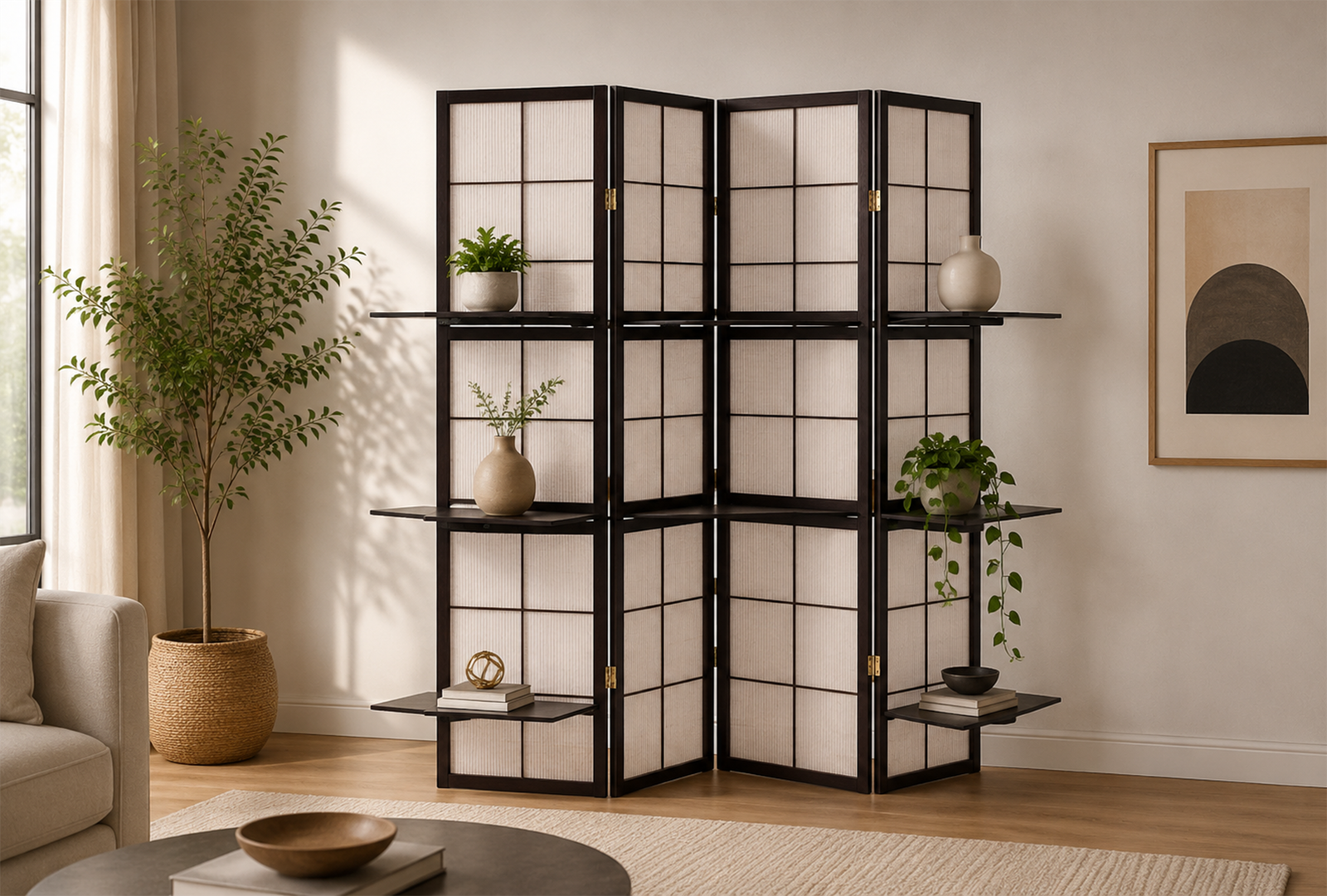 Iggy-900166-4-Panel-Room-Divider-Folding-Shoji-Screen-–-Cappuccino Iggy 900166 4-Panel Room Divider Folding Shoji Screen - Cappuccino - Image 1