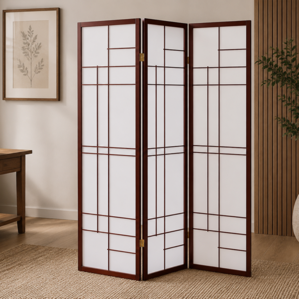 Katerina 900110 3-Panel Room Divider Folding Shoji Screen - Cherry