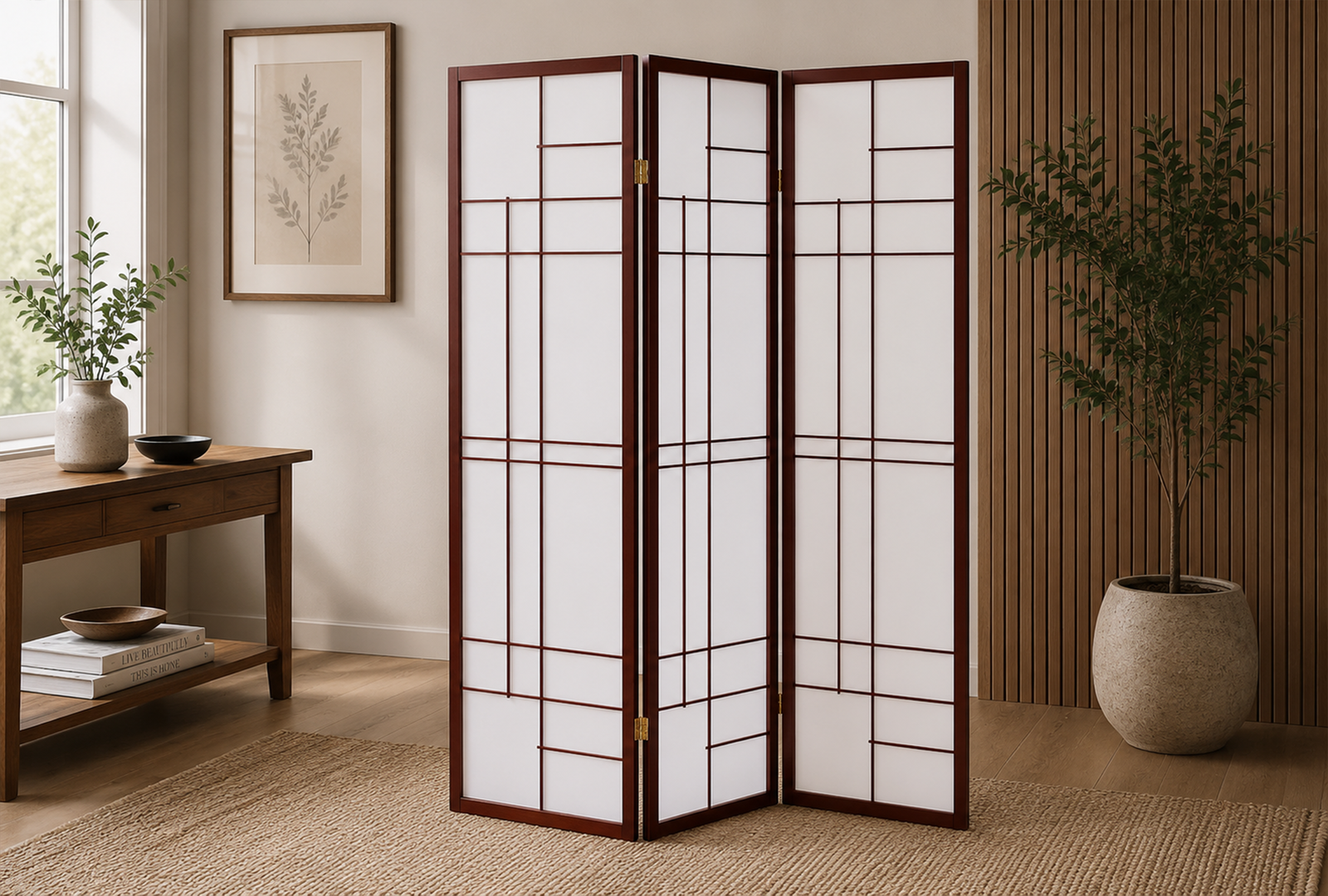 Katerina-900110-3-Panel-Room-Divider-Folding-Shoji-Screen-–-Cherry Katerina 900110 3-Panel Room Divider Folding Shoji Screen - Cherry - Image 1