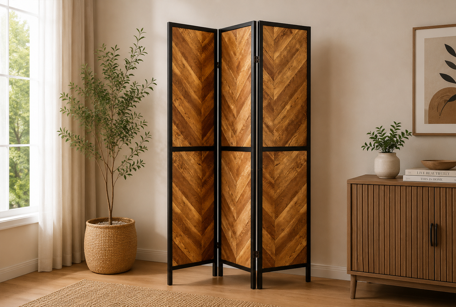 Marlene-962922-3-Panel-Room-Divider-Folding-Screen-–-Rustic-Tobacco Marlene 962922 3-Panel Room Divider Folding Screen - Rustic Tobacco - Image 1