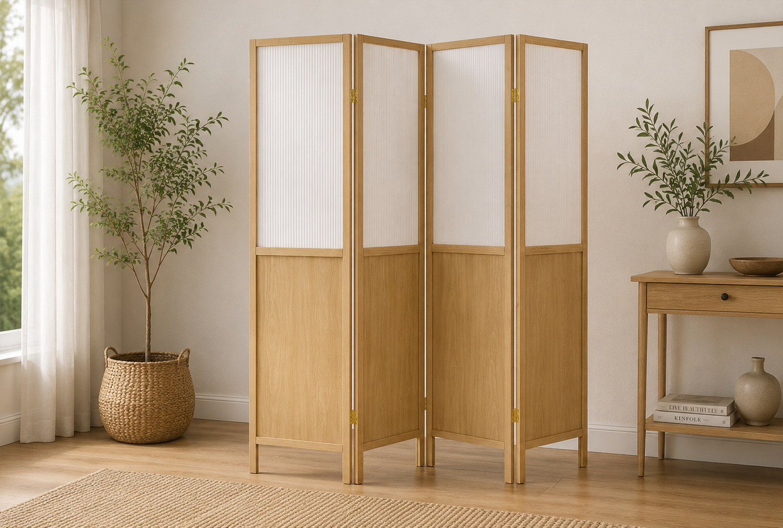 Mattison-960121-4-Panel-Room-Divider-Folding-Shoji-Screen-–-Natural Mattison 960121 4-Panel Room Divider Folding Shoji Screen - Natural - Image 1
