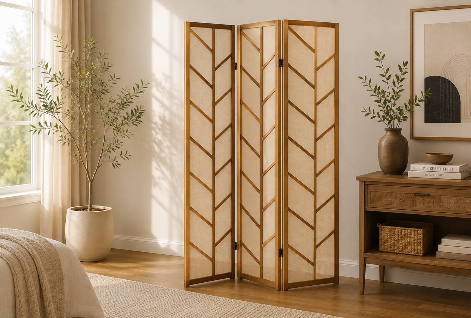 Mila-962923-3-Panel-Room-Divider-Folding-Shoji-Screen-–-Walnut Mila 962923 3-Panel Room Divider Folding Shoji Screen - Walnut - Image 1