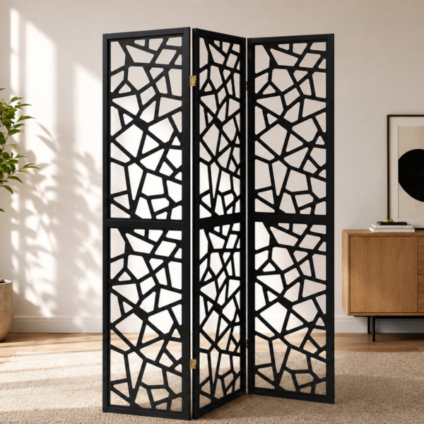 Nailan 900092 3-Panel Room Divider Folding Screen - Black Open Mosaic