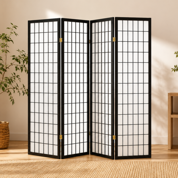 Roberto 4624 4-Panel Room Divider Folding Shoji Screen - Black