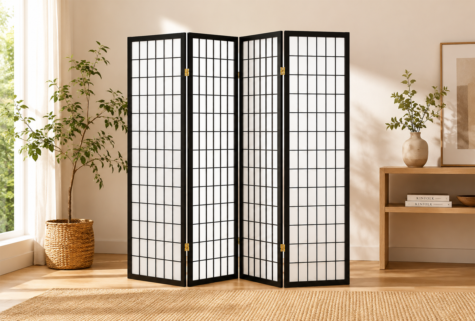 Roberto 4624 4-Panel Room Divider Folding Shoji Screen – Black Roberto 4624 4-Panel Room Divider Folding Shoji Screen - Black - Image 1