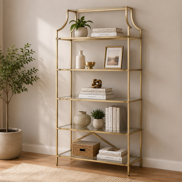 Serena 804393 70-inch 5-shelf Glass Bookshelf - Gold