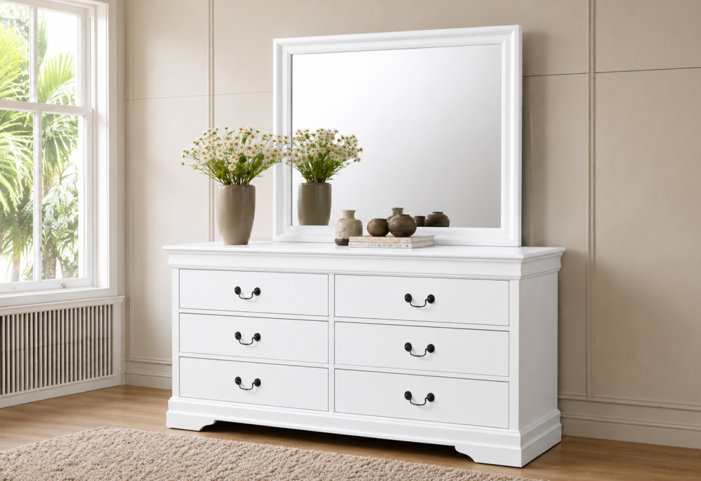 Louis Philippe 6-drawer Dresser and Mirror White