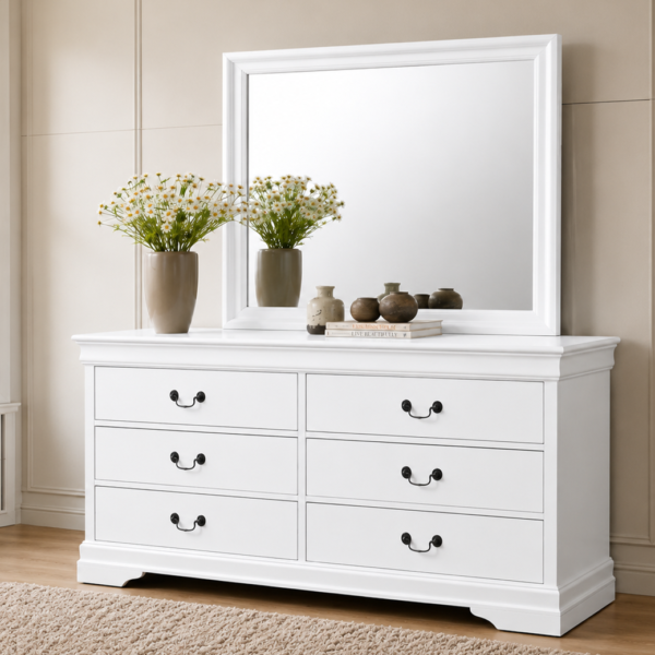 Louis Philippe 6-drawer Dresser and Mirror White