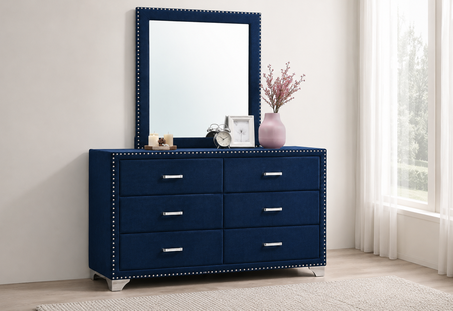 9 Melody 6-drawer Upholstered Dresser with Mirror Blue - Image 1
