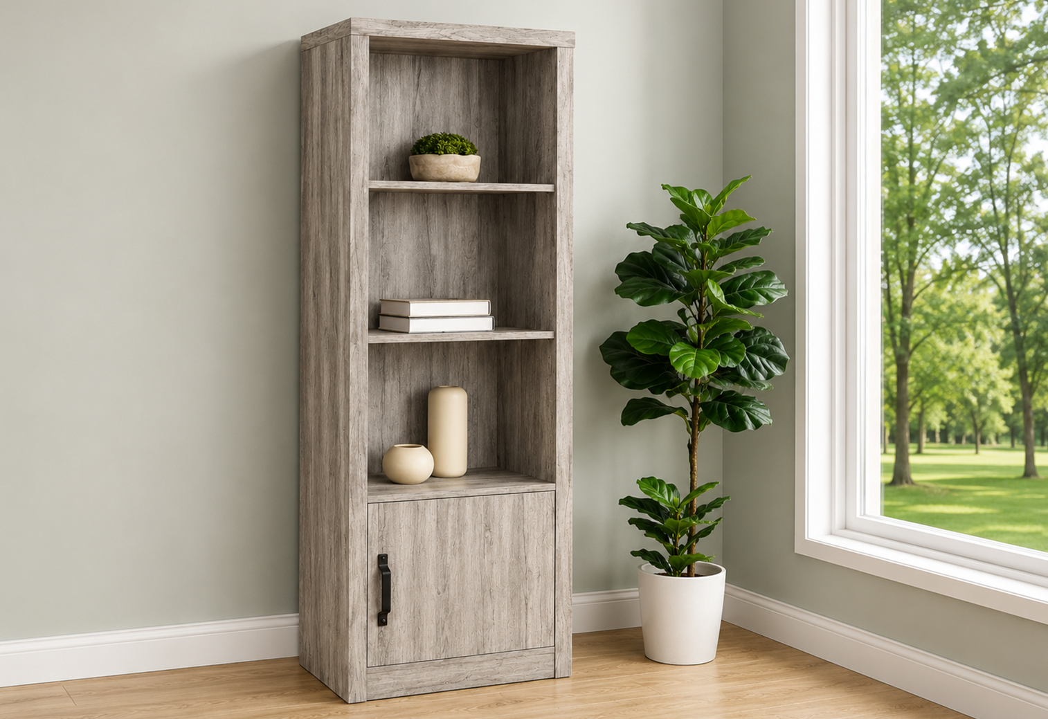 Burke-3-shelf Burke 3-shelf Engineered Wood Media Tower Grey Driftwood - Image 1