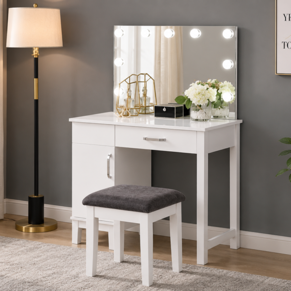 Elijah Vanity Set with Lighting & Stool White and Dark Grey