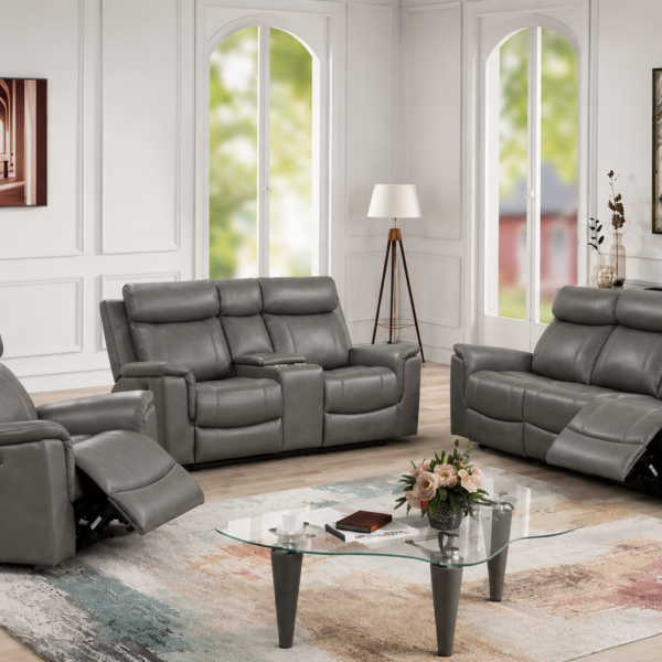 Verona Power Reclining Leather 3-Pcs Set Grey
