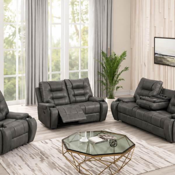 Bronco Power Reclining Leather 3-Pcs Set Grey