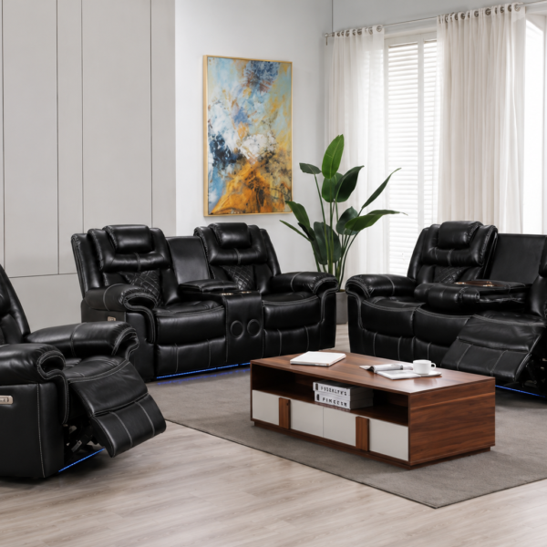 encore Power Reclining Leather 3-Pcs Set Black