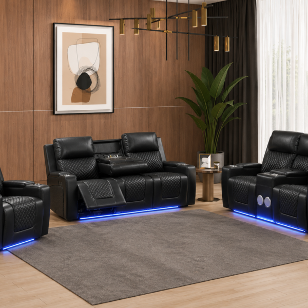 Boss LED Power Reclining Leather 3-Pcs Set Colour Black