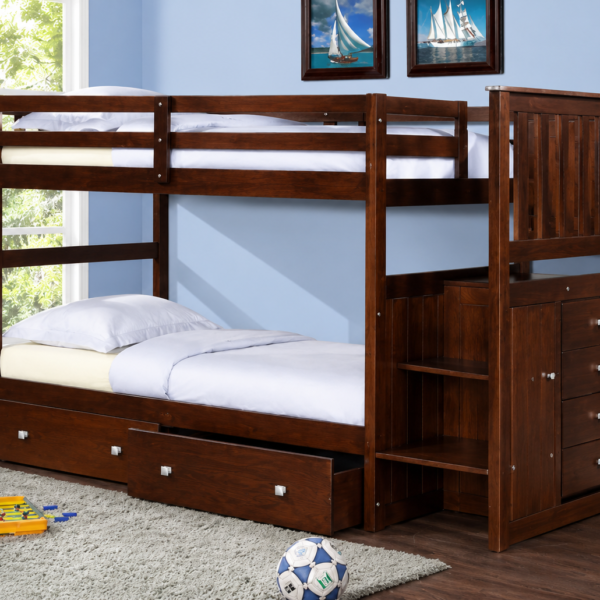 Mission Stairway Twin Over Twin Bunkbed Dual Underbed Drawers Dark brown