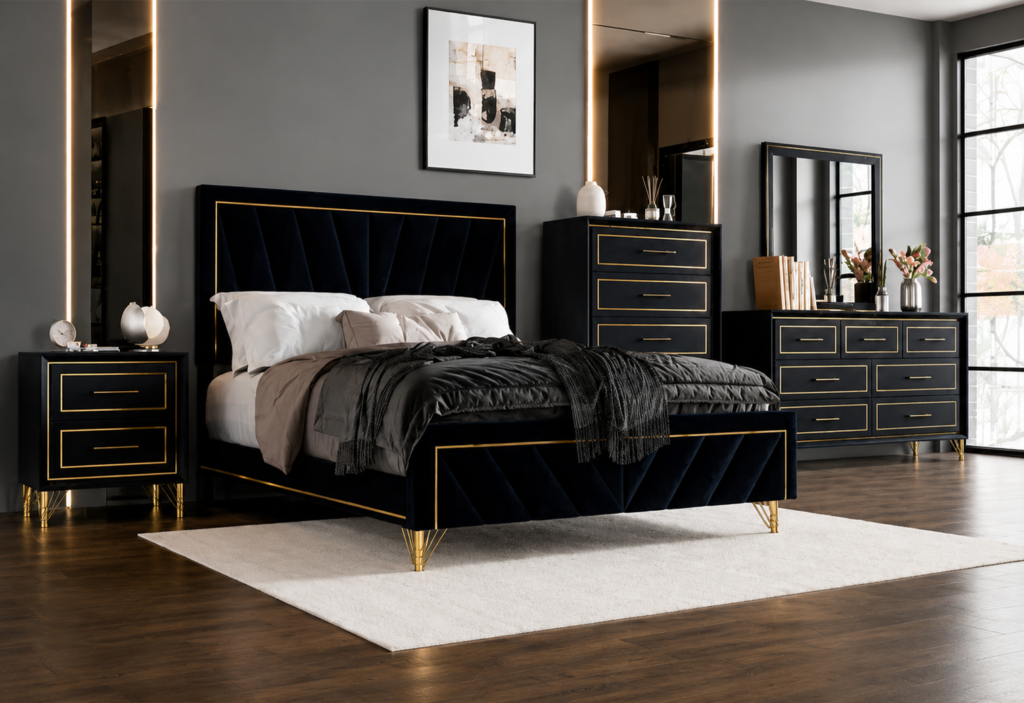 Gatsby Upholstered Bedroom Set Blue & Gold