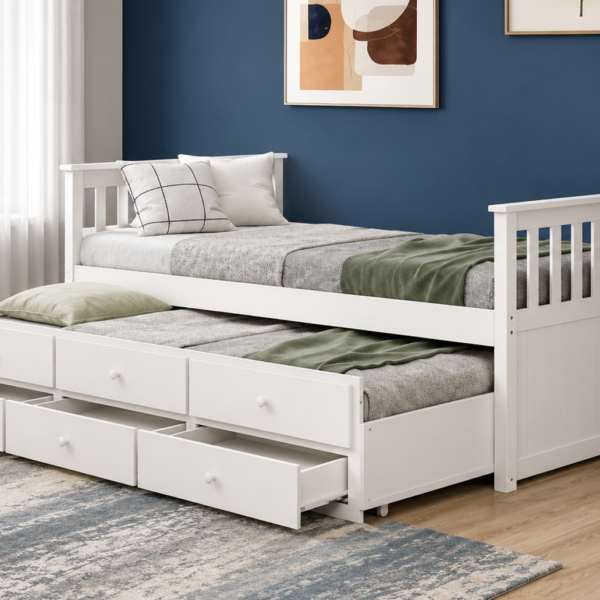 Milton Twin Platfrom Bed With Trundle 3 Drawers White