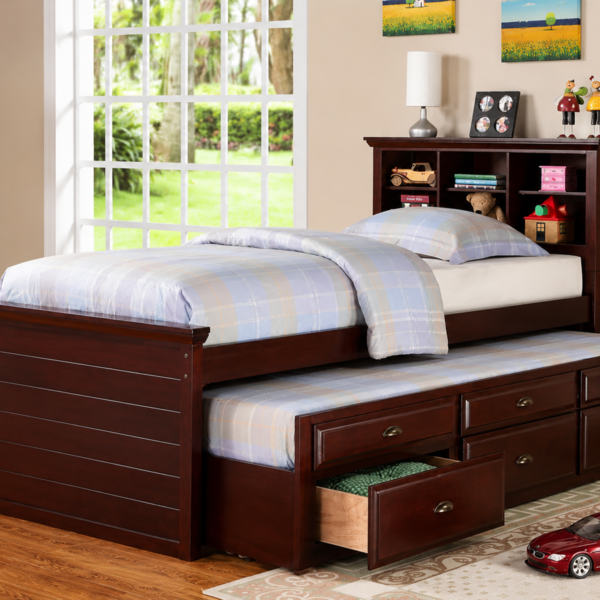 Wood Twin Size Storage Bed,Trundle Bed, Bookcase Headboard, Dark Brown