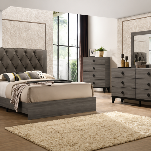 Villa Upholstered Wooden Panel Bedroom Set Grey