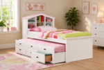 Wood Twin Size Storage Bed,Trundle Bed, Bookcase Headboard White