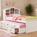 Wood Twin Size Storage Bed,Trundle Bed, Bookcase Headboard White