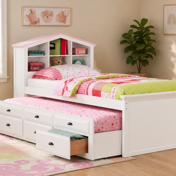 Wood Twin Size Storage Bed,Trundle Bed, Bookcase Headboard White