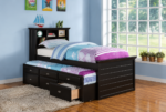 Wood Twin Size Storage Bed,Trundle Bed, Bookcase Headboard Black