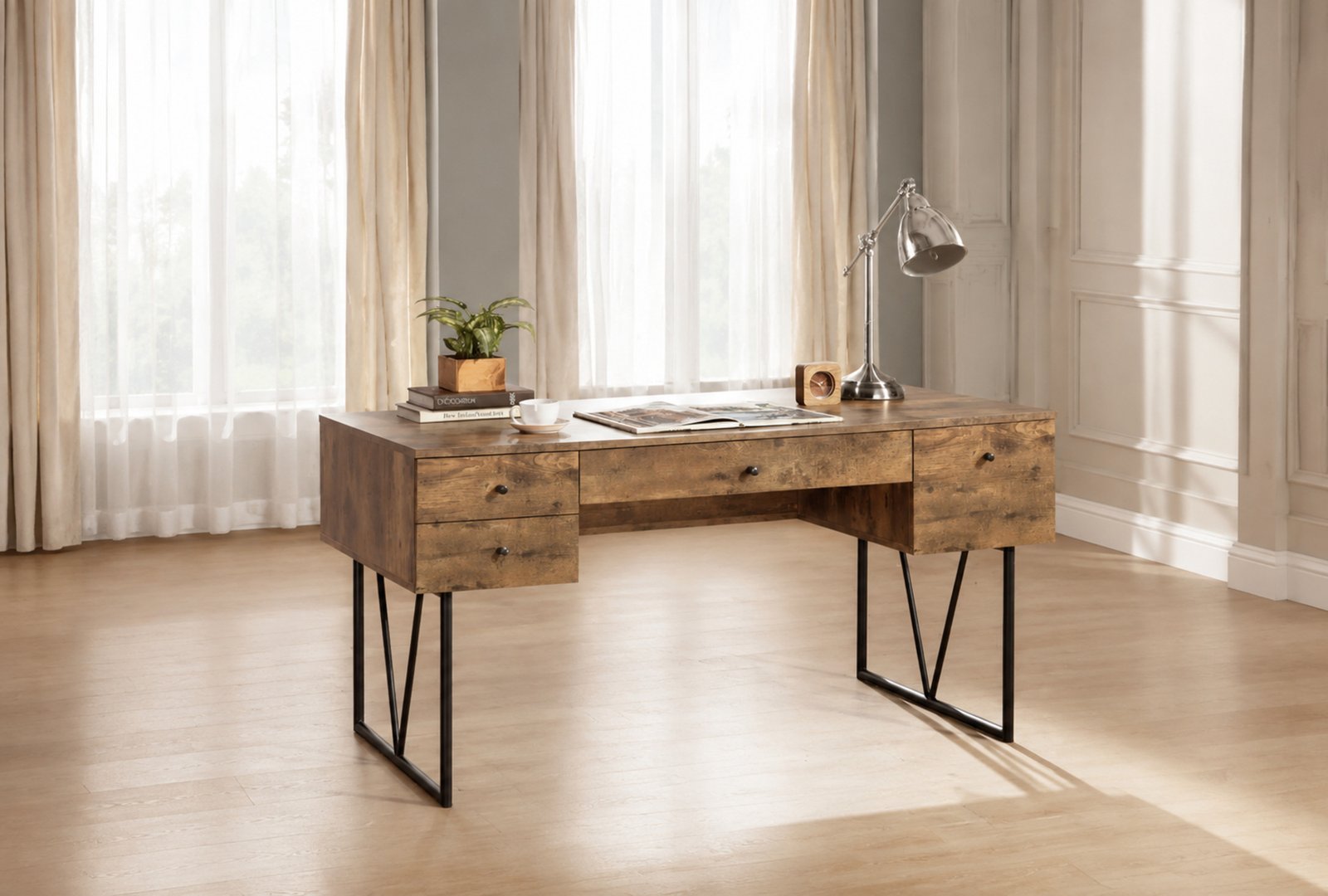 rustic-wood-desk-2000x1350 Analiese 63-inch 4-drawer Writing Desk Oak - Image 1