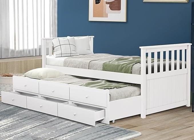 71uRb4es-1L._AC_SX679_.jpg Milton Twin Platfrom Bed With Trundle 3 Drawers White - Image 1