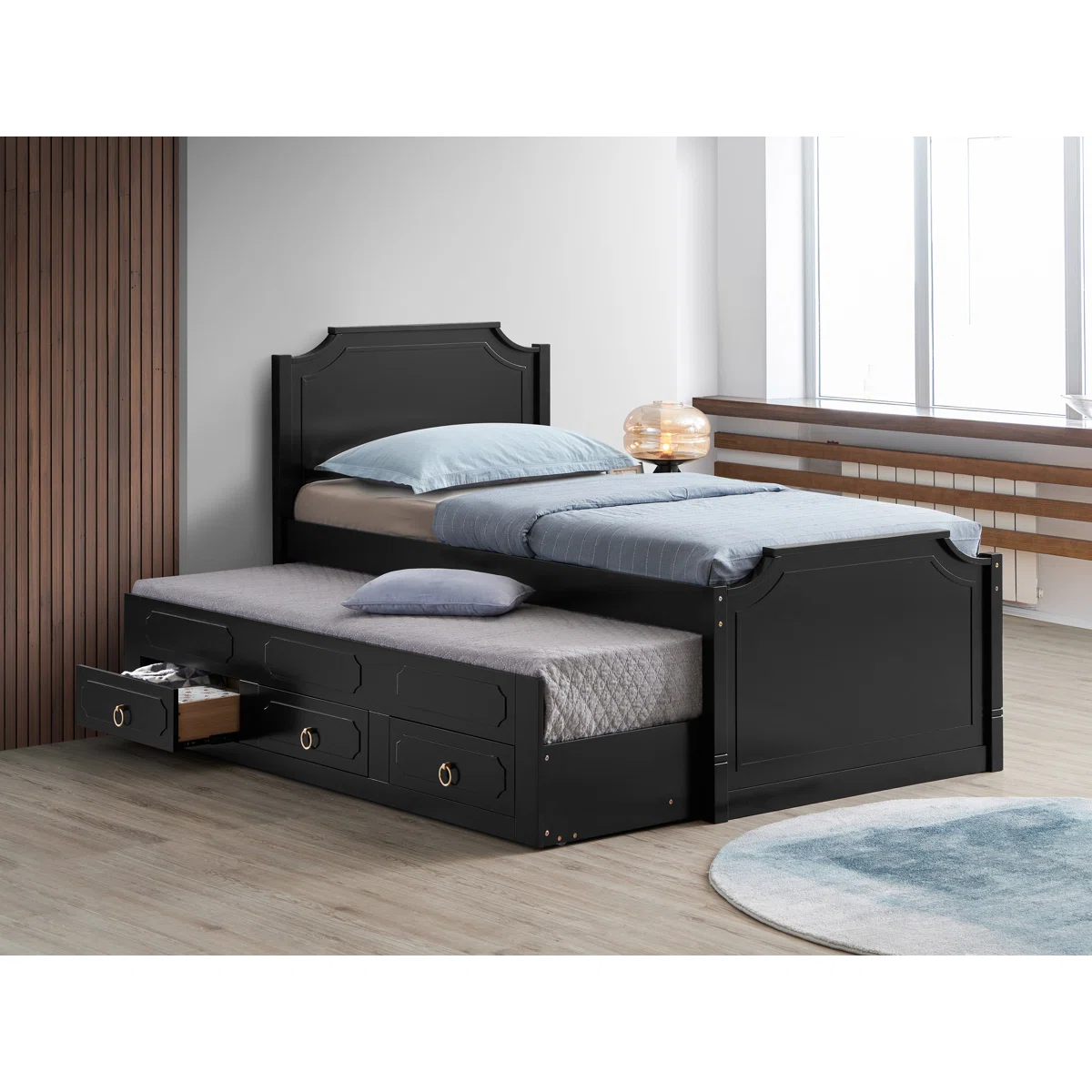 Twin Platfrom Bed With Trundle 3 Drawers Black - Image 1