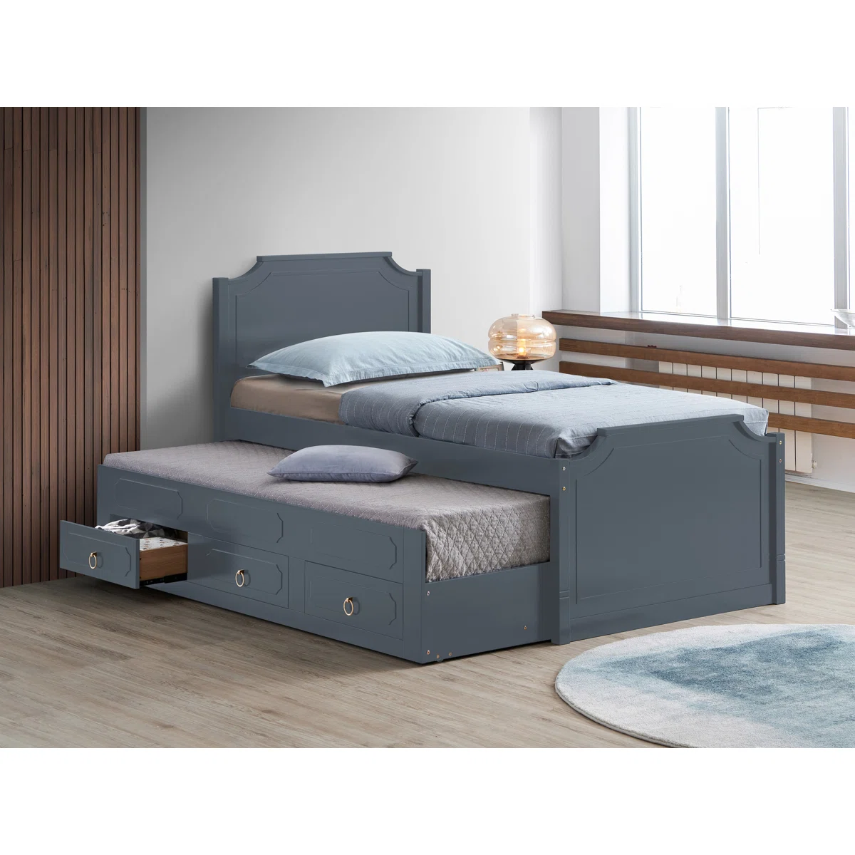 Twin Platfrom Bed With Trundle 3 Drawers Grey - Image 1