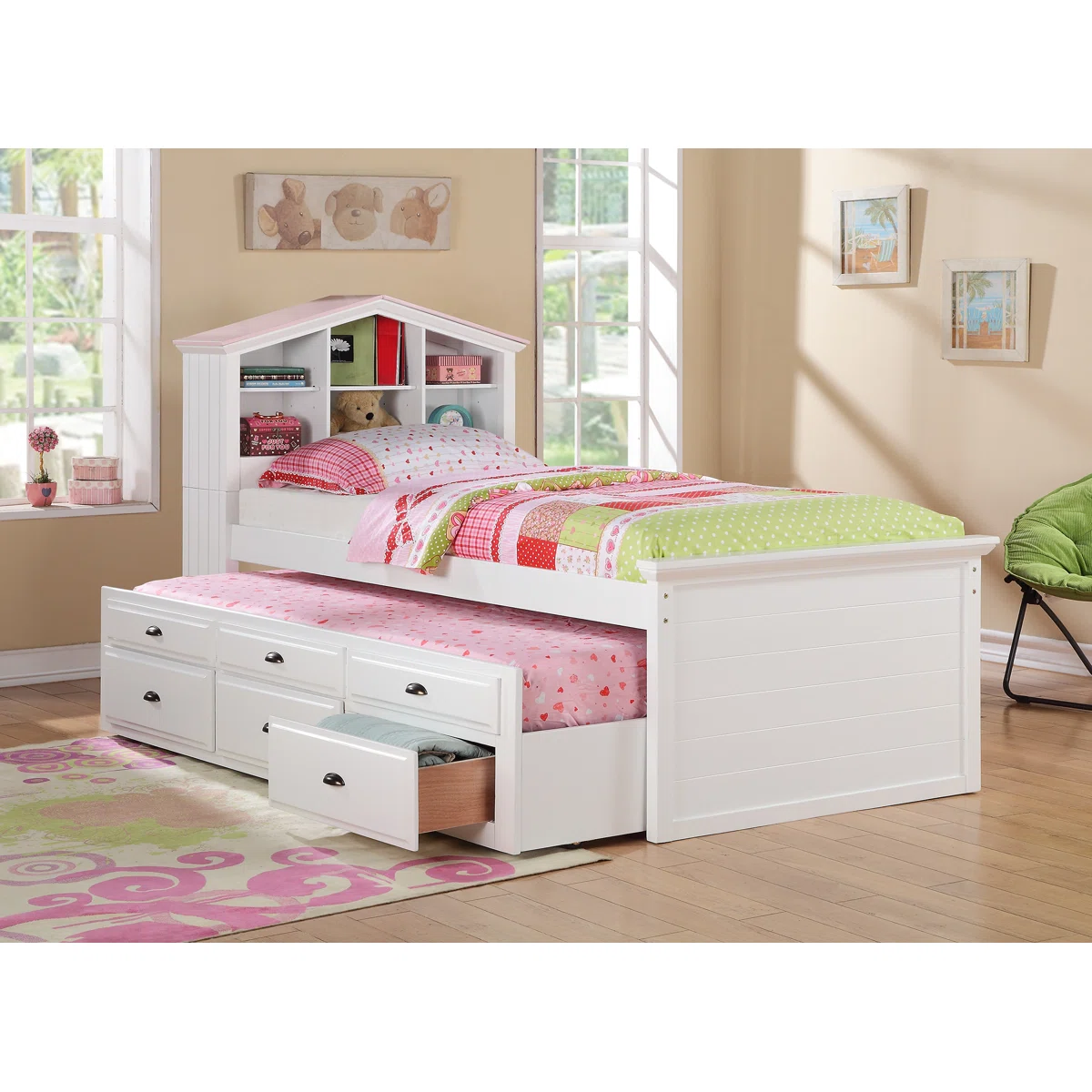 AmandaleighBookcaseStorageBedwithTrundleinWhiteandPink.webp Wood Twin Size Storage Bed,Trundle Bed, Bookcase Headboard White - Image 1