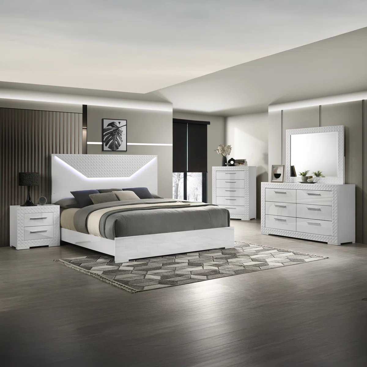 Jenna Wooden LED Headboard Bedroom Set Color White - Image 1