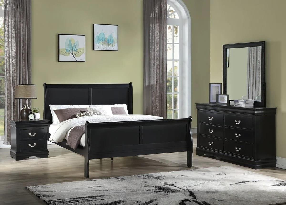Louis Philippe Wooden Panel Bedroom Set color Black & Dark Brown - Image 1